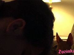 Aroused wanker sits on the couch while a sizzling brunette hussy standsin front of his dick and mouth fucks it intensively in steamy sex clip by Zuzinka.