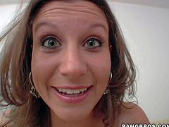 Amateur good looking brunette babe Sara Stone in tight jeans gets nasty and starts playing with her gigantic jaw dropping natural gazongas all over the living room in close up