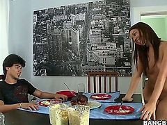 Walking naked around the house and serving dinner is what delicious model Ann Marie Rios loves to do all the time. Her sexy tight ass is about to get pounded.