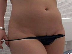 Adorable young amateur brunette babe with delicious buns and big big natural boobs in black thong only gets filmed in close up while teasing dirty Renato in arousing bathroom action