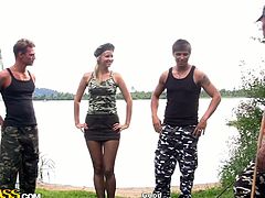 Fuckable army chic goes through an instruction with 3 massive fuckers. She gives them mouth fuck in turn in sultry gangbang sex clip by WTF Pass.