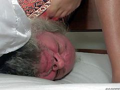Turned on long haired bitch Nikky Thorne with natural boobs and slim body in red underwear tortures filthy grandpa and gets her feet licked good in kinky action filmed in close up