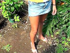 Amateur girl with shaved pussy and straight legs walks in a park. Rose Sin dreams to find her love, to have sex. She meets her friend Voodoo and decides to demonstrate him her gentle boobs.
