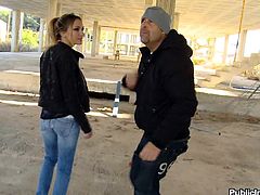 Nataly Von is a Russian whore who's approached by a greasy looking dude. He abducts her and takes her to underneath a secluded overpass where he whips out his cock. She's made to give this creep a sloppy blowjob right then and there.