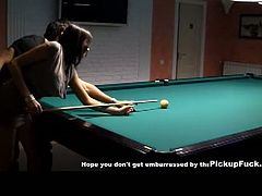 Watch a horny brunette getting picked up on the streets before she plays a naughty billiard game with her man who's ready to bang her and cream her mouth.