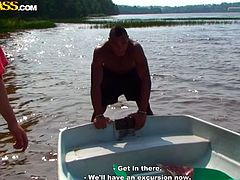 Sizzling Russian slut goes to a boat trip with two aroused dudes. Once they get to a quiet corner, they force her take off her bikini in order to demonstrate small tight tits.