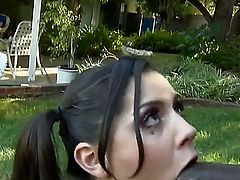 Amber Sky participates in making the fantastic outdoor scene where she gets her mouth fucked by incredibly big and black poker. Then she bends over and gets nice fuck.