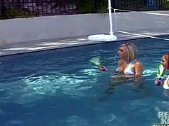 Young slender smoking hot blonde lezzies and tight ass redhead Nikki, Jasmine and Jessica Lynn in bikinis get naughty in the swimming pool and make out while dirty neighbor films them