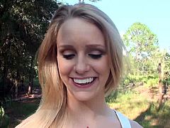 Slutty blonde babe enjoys hard cock stroking her in outdoor porn session