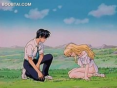 Naked blonde anime cutie getting pussy and tits pleased in the woods