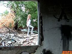 While out for a walk, slutty blonde teen stumbles across a blonde giving head and getting fucked in the old abandoned building and watches, getting all worked up herself.