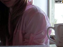 Megan is one sweet young girl that gets the morning started with her boyfriend. They have a breakfast in front of the camera and then skinny naked girl spreads her buttocks and shows her pink slit with no shame in the bathroom.