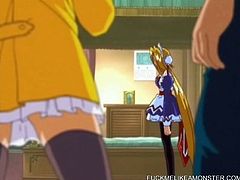 Get a load of this hentai clip where a hot anime babe has her wet pussy fucked by a monster after being undressed by him as well.