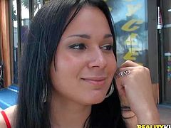 Ferdanda is a charing raven haired sexy girl in red top and denim shorts. She shows off her onion ass with her thong panties on after playing a game of pool with lucky guy.