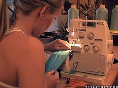 Pretty blonde Sophie Moone proves that she is not only a porn star, she has many other abilities. She makes a dress for herself and tries it on.