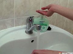 Sex hungry brunette teen takes off her pinkish panties in the bathroom before she decides to use a hair dryer to pound her tiny shaved cunt in perverse sex video by Club Seventeen.