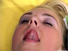 Slutty blondie gives a head and welcomes tongue fuck in pose 69