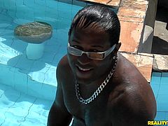 Tasty looking curvy Latin mom visits an insatiable black daddy over at his place wearing steamy bikini. She demonstrates him her delicious body while lying on a deck-chair face down.