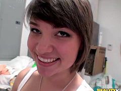 Amy Anderson is a sweet brown haired teen girl with fire in her eyes. Young cutie in white tank top strips down to her pink thong panties and shows her lovely ass at the laundry.