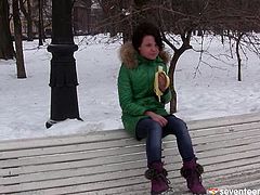 Zesty brunette short-haired hoe takes a stroll in snowy weather before she gets home. She decides to warp up by masturbating on a dinner floor in perverse sex video by Club Seventeen.