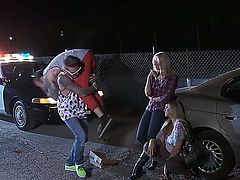 Hot chicks Jessie Lee and her girlfriend got their car broke and picked up by two cunt thirsty dudes