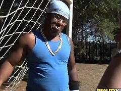 Sex hungry black daddy plays football with a filthy Latin hussy with oversized cellulite ass and a pair of perky tits, which she shows with pleasure.