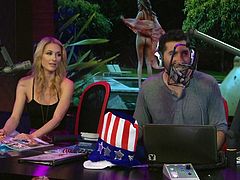 Three sexy porn stars have come to the morning show studio to celebrate the Fourth of July. There are hot wieners with mustard and ketchup. The adult film stars are interviewed about patriotism and one plays with a hula hoop.