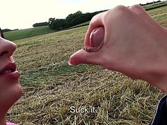 Lara Sweet poses for the camera in the middle of a hay field. She gets pick up in the park and offered a sweet chunk of change if she will suck cock on camera. She agrees and gives a blowjob outside and in the open.