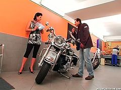 Sex hungry daddy heads to the salon in order to purchase a bike where he meets a seductive brunette milf. In order to persuade him make a purchase, spoiled milf kneels down to give a fantastic blowjob.