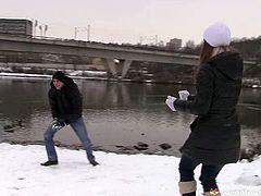 After having a romantic date outdoors in snowy weather, aroused Russian folks head home where they start making out with passion.