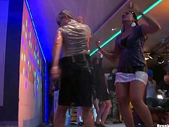 Dirty hoes gets on a stage in the club dancing dirty. They gets their clothes wet under the shower on a stage. Awesome clip presented by Tainster.