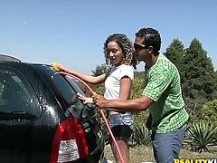 Mesmerizing chocolate babe in steamy outfit gets picked up by cocky Latin fucker during a car wash. He volunteers to help her in steamy sex video by Reality Kings.