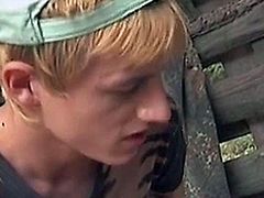 While two young male hikers are having sex in a make-to lean-to in the woods, a third hiker shows up and is invited to join the first two.