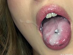 Aika sucks a dick and eats all the cum which she gets