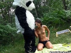 Brunette teen girl is playing with her panda bear. Panda turns out to bbe kinky and horny. Watch as she gets naked and he fucks her hard.