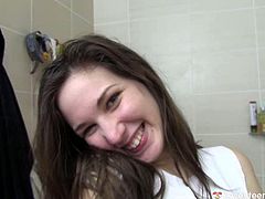 Perverse dude with a cam in his hands find a mesmerizing Russian amateur in a bathroom. She gets naked before she starts washing her cuddly body and allowing him to rub her big juicy tits in pov sex video by Club Seventeen.