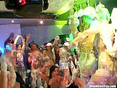 This orgy party is surely promising. Just look at voluptuous hookers with nice boobs and smooth asses. All the whores get totally absorbed with a kinky idea to be fed with cum. So slim chicks suck tasty cocks passionately right in the club.