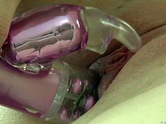 Black haired naked bombshell Melody Jordan with jaw dropping gigantic tits and pretty face gets aroused and starts polishing and stuffing her sweet honey pot with vibrator in warm bathtub