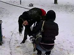 Well, these gals are bored. So slim brunettes in jeans and black jackets desire to have fun. Kinky chicks with flushing cheeks has a catfight on the snow covered ground. They giggle while smacking each other's asses, kiss passionately and will just make you jizz right here and now with Tainster sex clip.