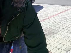 This horny brunette in jacket and sunglasses wanna go shopping. But spoiled slim chick has no money. Why not to earn some? So voracious filth shows her tits to a stranger, kneels down and sucks his cock passionately till she gets facial. Dude, this Tainster outdoors sex clip to jerk off and jizz at once.