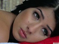 Megan Salinas is one irresistibly sexy sexy chick with raven hair and bald pussy. She is completely naked and needs relaxing full body massage badly. Masseur is free to touch her body parts.