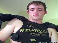 Anthony King is in bed and he still hasn't totally removed his hockey gear. He's horny as fuck and needs to get off, cum and watch as he jerks off!