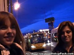 Alluring brunette cutie gets picked up by the night club. She kneels down right in the middle of the street to give double blowjob to two meety penises in steamy pov sex video by WTF Pass.