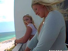Naughty blonde sluts Summer and Carmen Kingsley with nice hooters in thongs get filmed in pint of view by dirty dude while teasing him on terrace with round delicious bums
