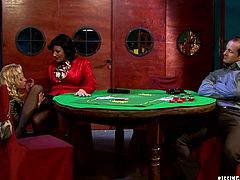 Two alluring milfs play poker with a bald sex greedy daddy. At the end of the game they start licking each other's legs in pantyhose before giving a rimjob in front of him in sultry threesome sex video by Tainster.