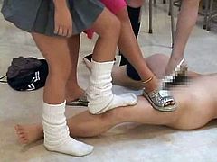 Horny schoolgirls are enjoying their teacher during impressive group sex scene at school
