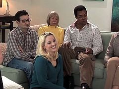 There's a big therapy group in a room watching to babes giving some lessons and how to treat a pussy. She rubs it, fingers it, and uses a vibrator on it while the group asks questions.