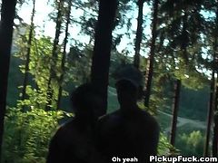 Curvy Russian brunette chic with big juicy tits heads deep into the forest with a horny mulatto dude. She kneels down to oral fuck his strain dick in steamy pov sex video by WTF Pass.