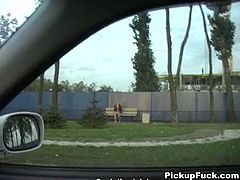 Frazzle Russian blond milf hooks up with a voracious dude outdoors. They head to his car where she gives him a deepthroat blowjob while he finger fucks her stinky cunt.