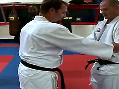 Pretty hot and sexy blonde lady Sarah Jackson doing some exercises at karate training and her naughty master gets hot and starts to fuck her.